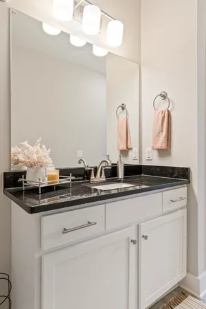 a sink with a mirror and vanity