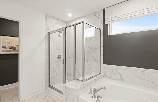 a bathroom with a bathtub and a shower