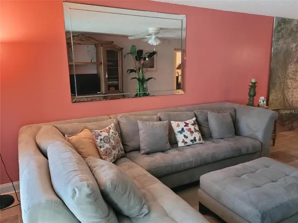 a living room with furniture and a potted plant