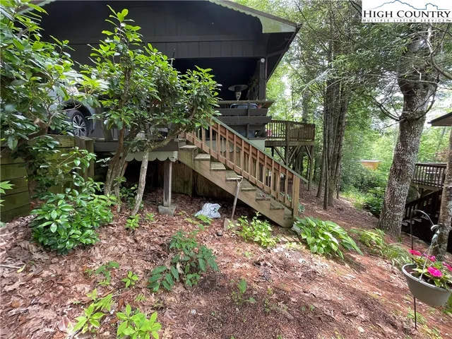 a garden view with a seating space