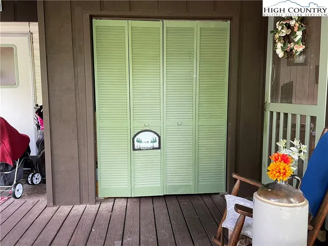 a view of a room with windows