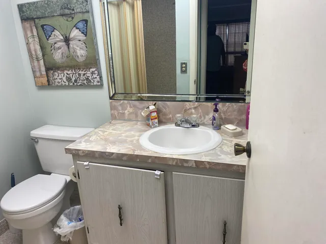 a bathroom with a toilet sink and mirror