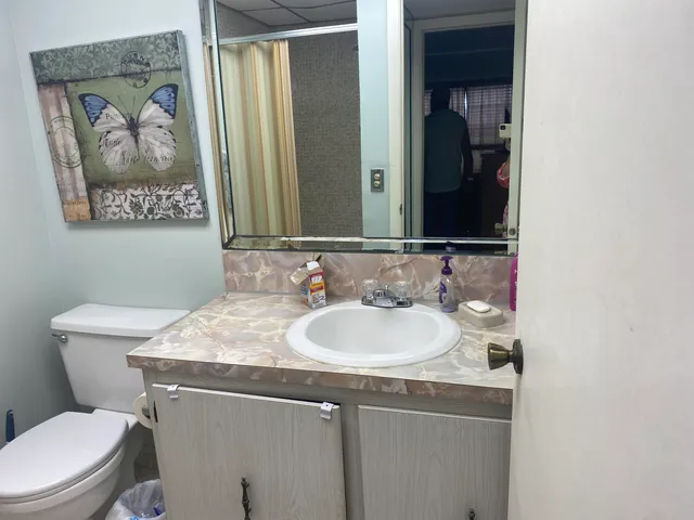 a bathroom with a toilet sink and mirror