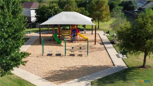 an outdoor space with seating