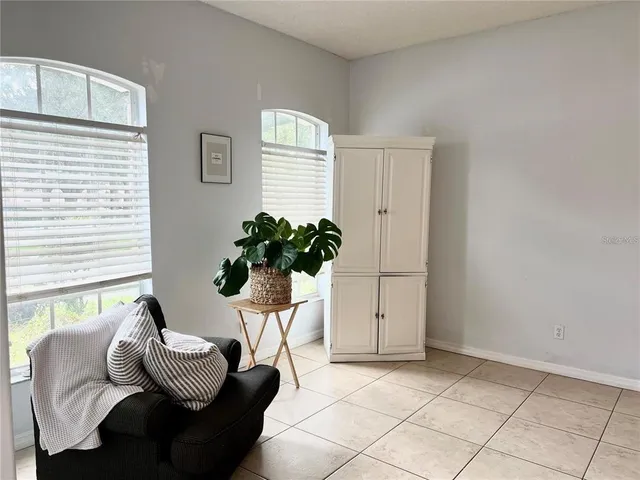a living room with furniture and a potted plant