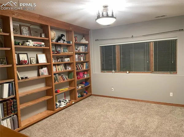 a room with furniture and book shelf