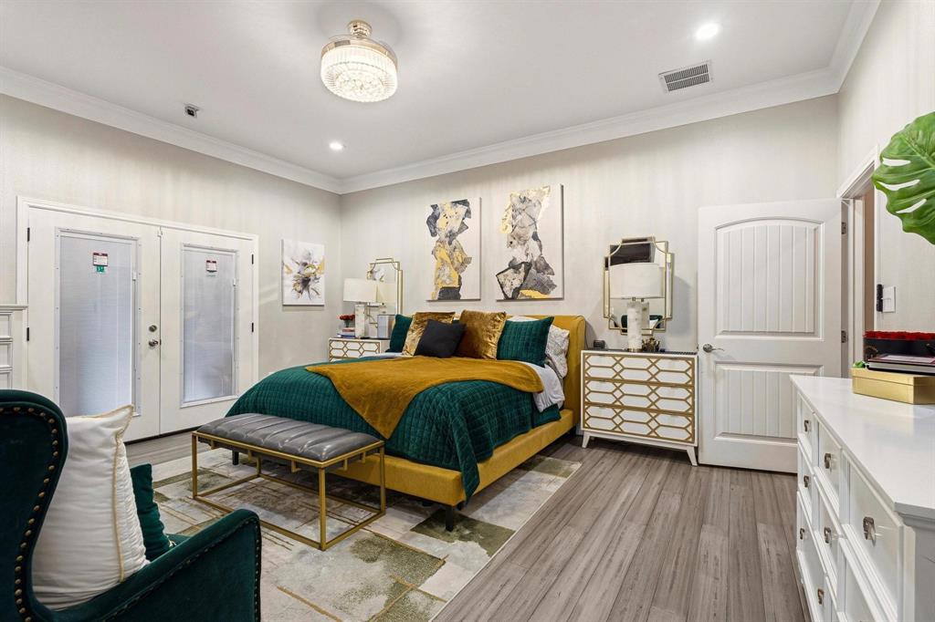 1517 Bennett Road Howe, TX 75459 - Photo 14 of 40 Bedroom with french doors, light wood-type flooring, ornamental molding, access to exterior, and recessed lighting