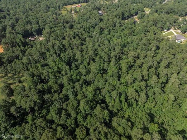 an aerial view of residential houses with outdoor space and trees