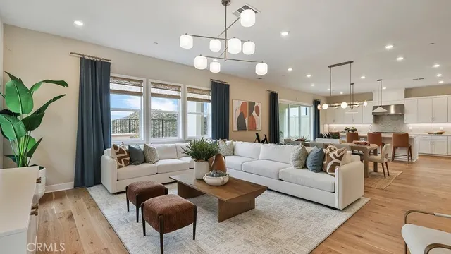 a living room with furniture potted plant and a large window