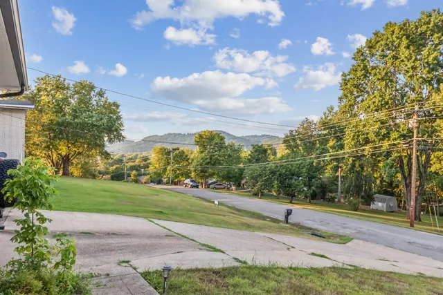 a view of a yard with flower plants and wooden fence