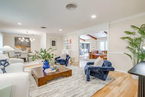 a living room with furniture potted plant and kitchen view