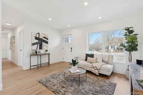 a living room with furniture and a potted plant