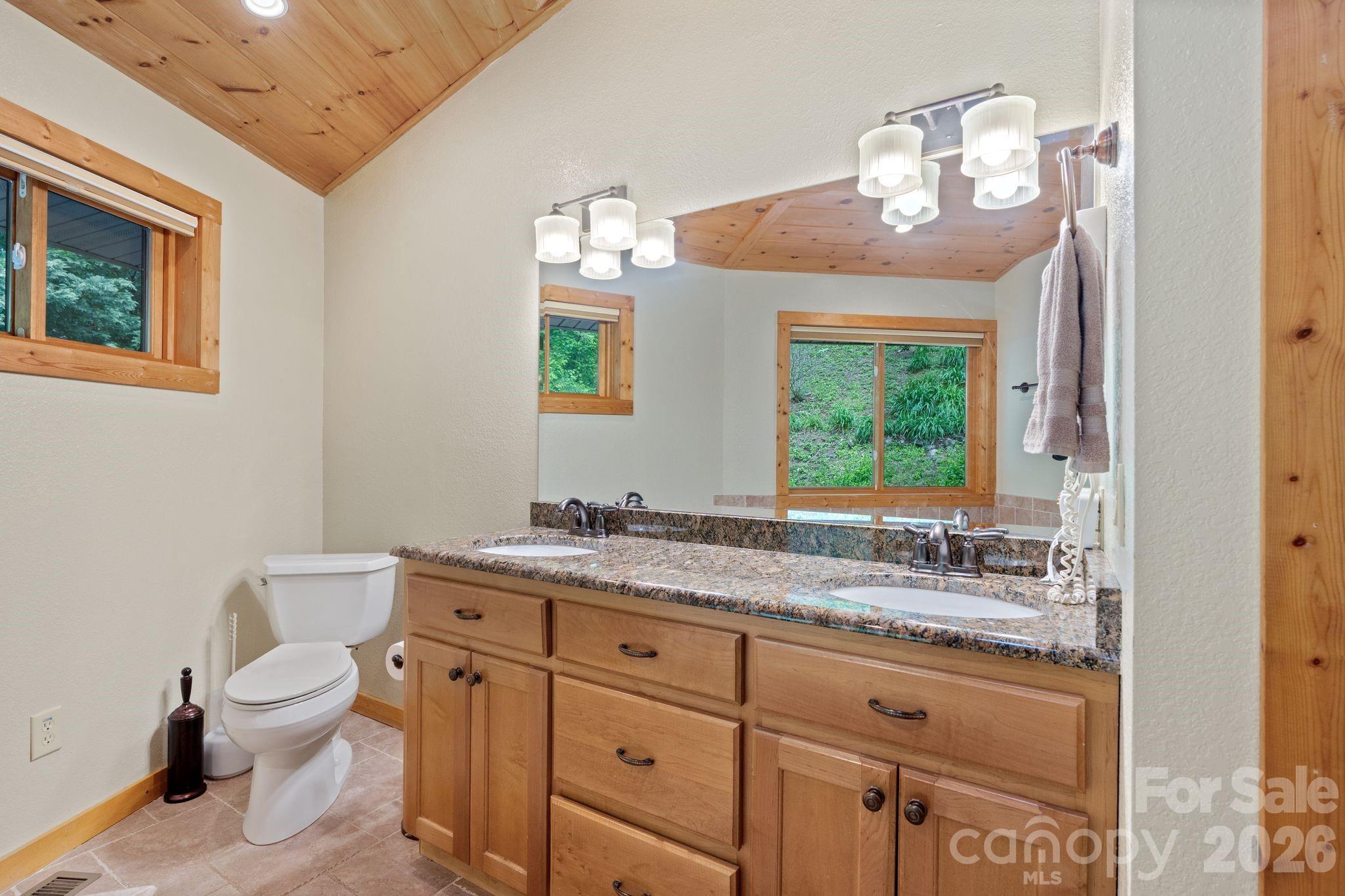 140 Slim Ridge Maggie Valley, NC 28751 - Photo 13 of 33 a bathroom with a granite countertop toilet sink and mirror