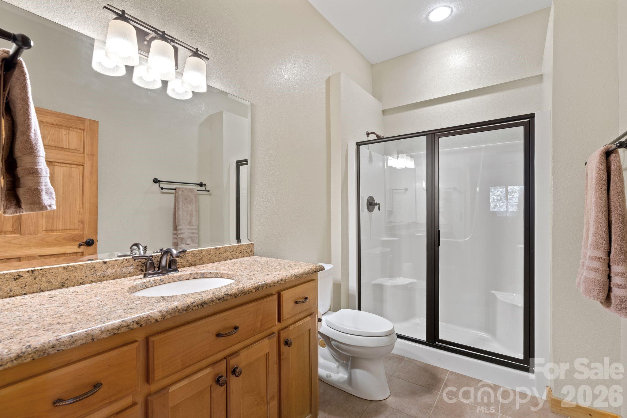 140 Slim Ridge Maggie Valley, NC 28751 - Photo 15 of 33 a bathroom with a granite countertop sink toilet a mirror a vanity and shower