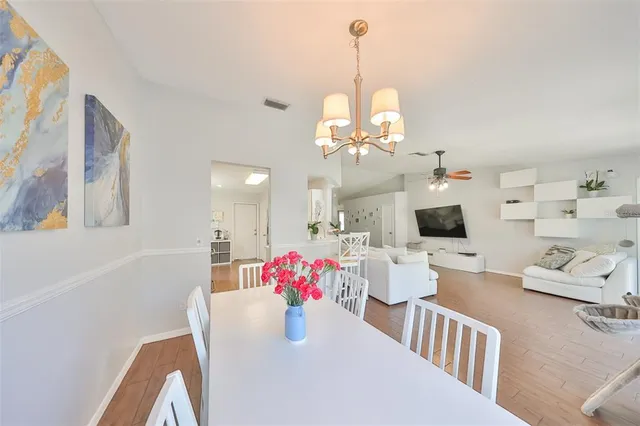a view of a dining room and furniture