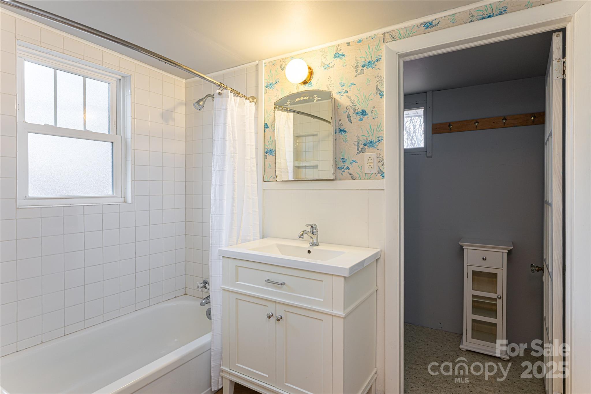 40 Jonestown Road Asheville, NC 28804 - Photo 13 of 46 a bathroom with a sink a mirror and a shower