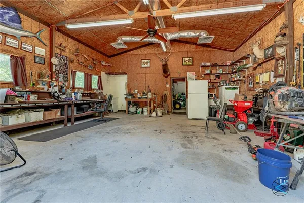 a view of a garage with storage