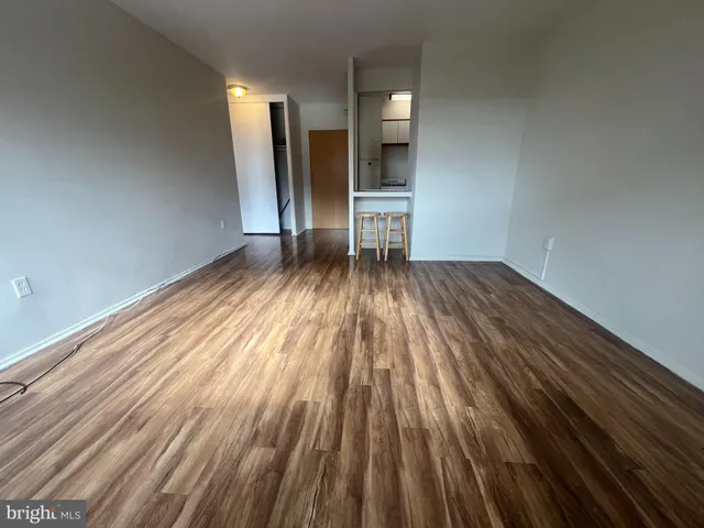 a view of empty room with wooden floor