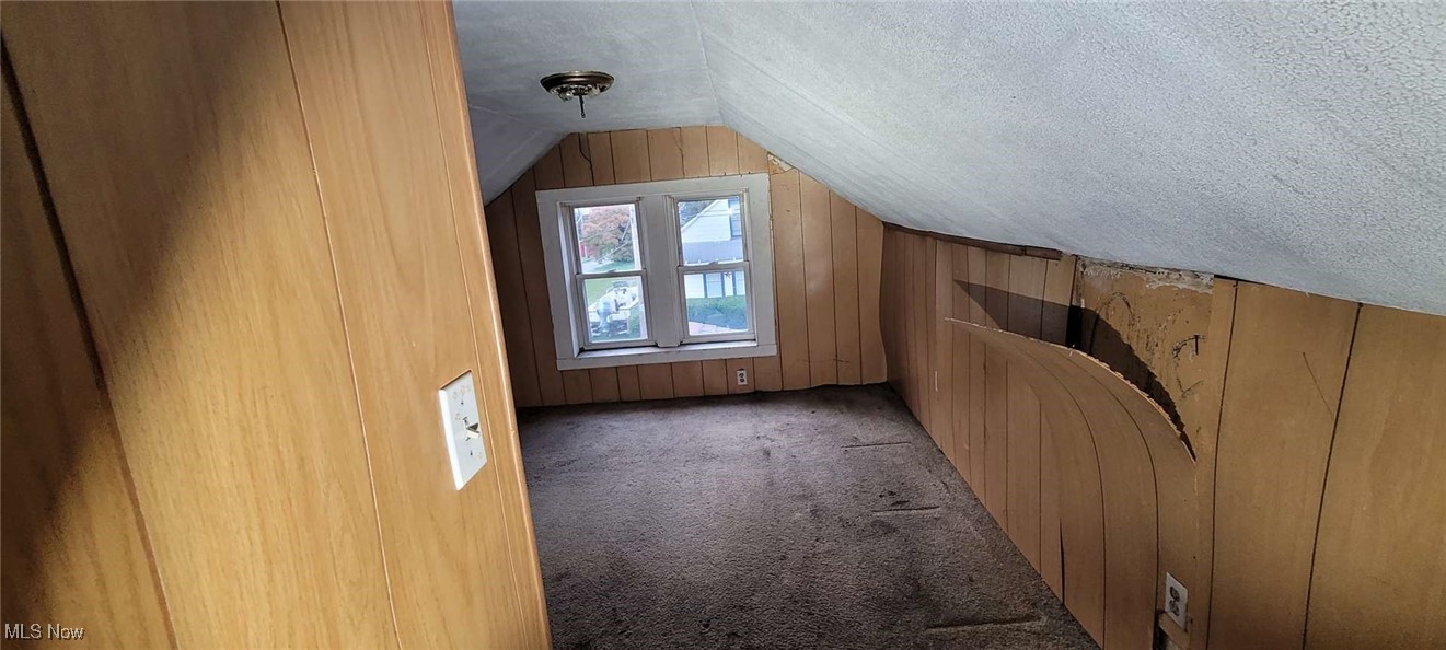 6816 Rathbun Avenue Cleveland, OH 44105 - Photo 6 of 10 Additional living space featuring a textured ceiling, lofted ceiling, wooden walls, and carpet floors