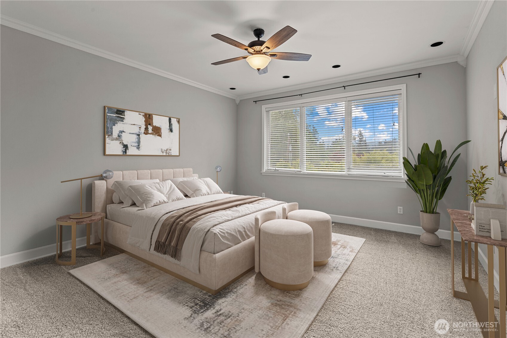 13402 Spiketon Road Buckley, WA 98321 - Photo 14 of 35 a spacious bedroom that has a bed and a potted plant