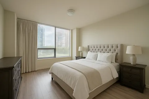 a bedroom with a bed and a night stand