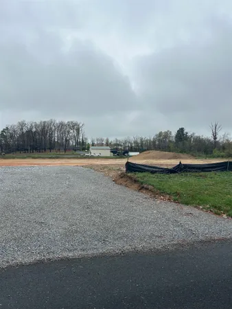 a view of a field with trees in background