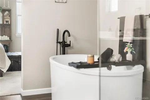 a counter top a couch with wooden floor