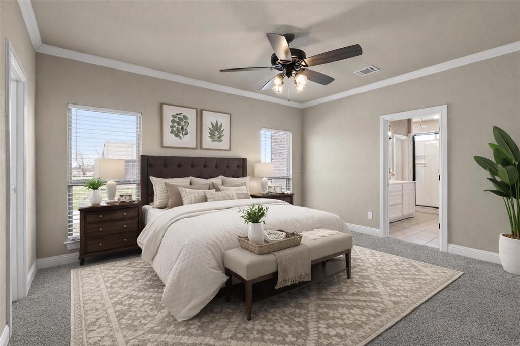 2451 Neck Road Palmer, TX 75152 - Photo 18 of 32 a spacious bedroom with a bed and a chandelier