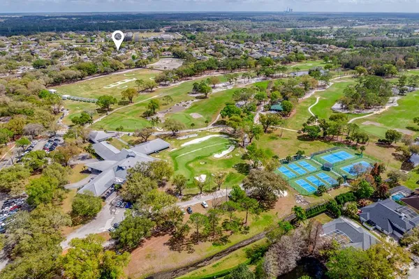 an aerial view of a residential houses with outdoor space and trees
