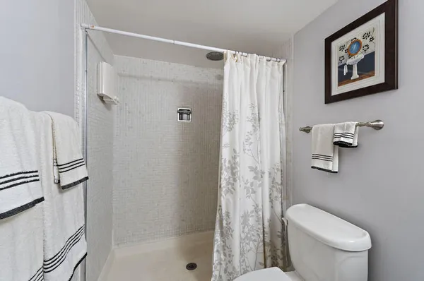 a bathroom with a sink a toilet a mirror a vanity and shower