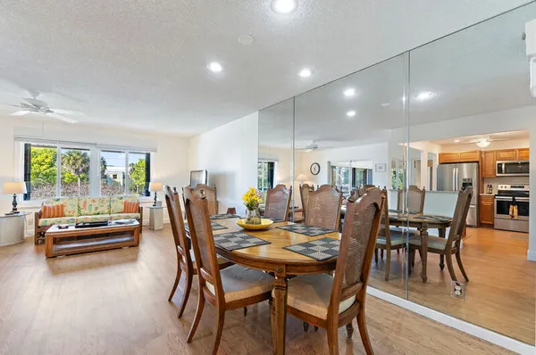 a view of a dining room with furniture