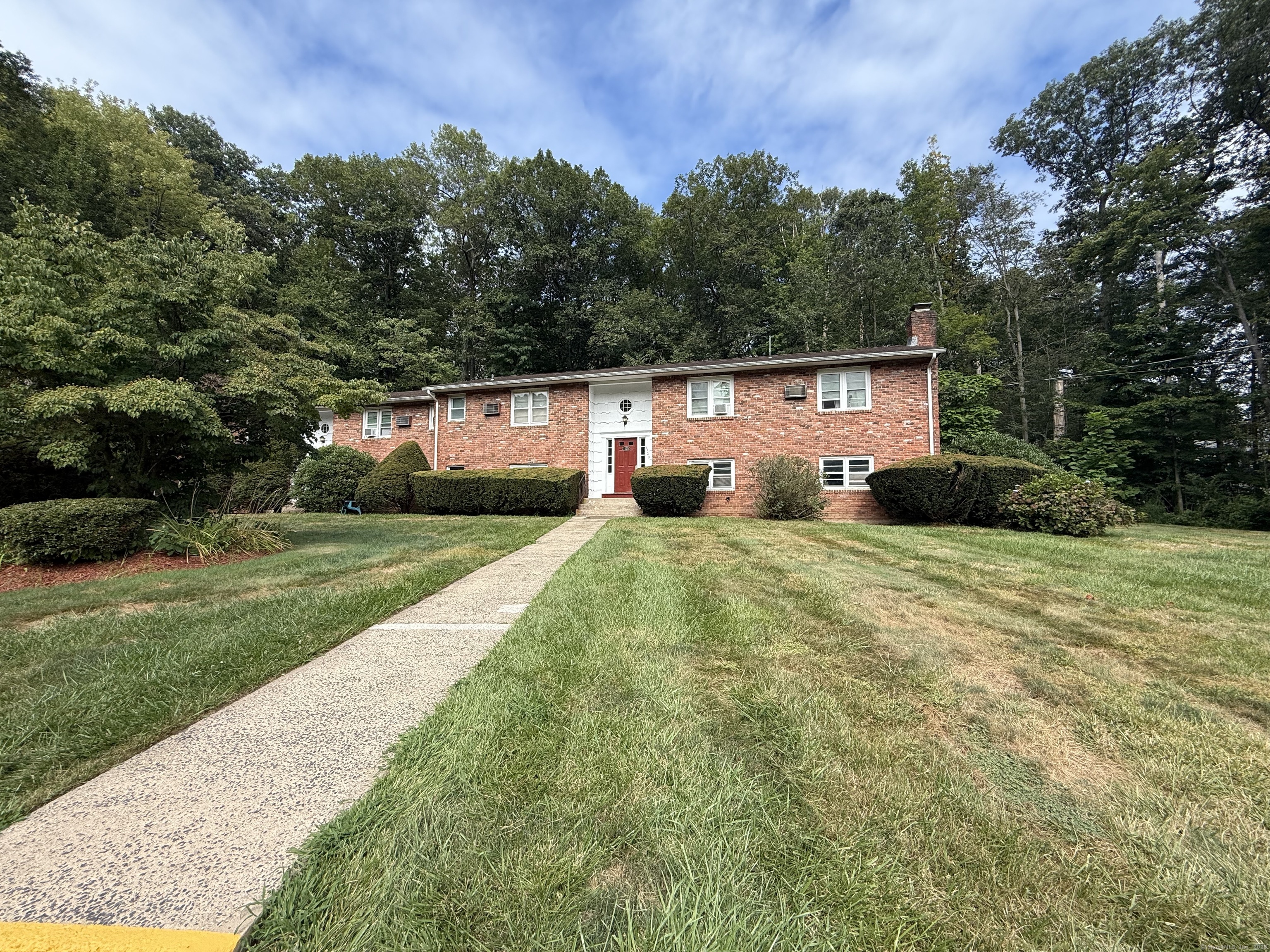 a front view of a house with yard and green space
