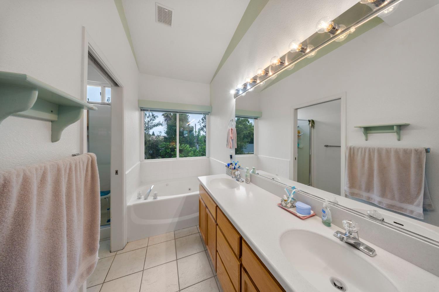 2101 Arabian Way Turlock, CA 95380 - Photo 33 of 38 a bathroom with a double vanity sink a mirror and a bathtub