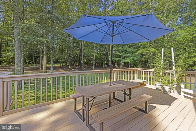 a view of a deck with wooden floor and barbeque oven