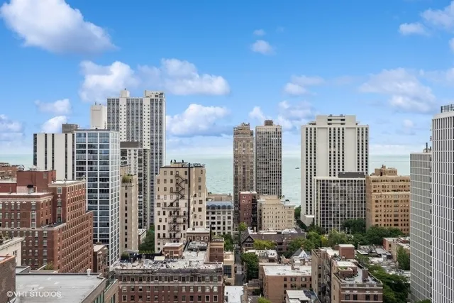 a city view with tall buildings