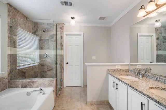 a bathroom with a granite countertop bathtub shower sink and mirror