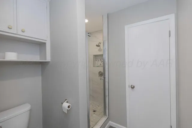 a bathroom with a shower and a toilet