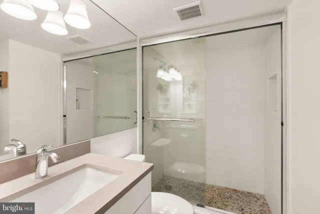 a bathroom with a sink a toilet and shower