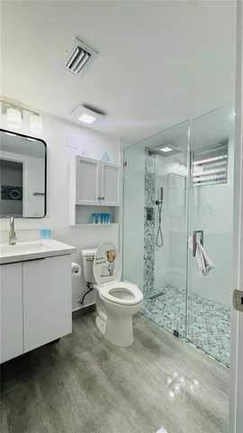 a bathroom with a shower and a toilet