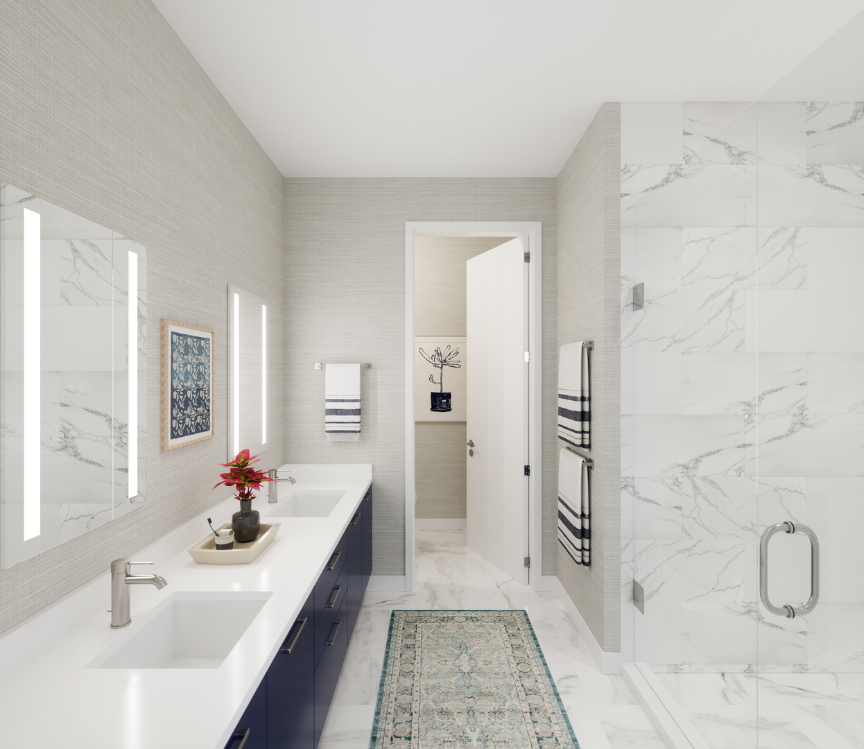 323 South Racine Avenue, Unit 6B Chicago, IL 60607 - Photo 7 of 8 a spacious bathroom with a double vanity sink a large mirror and shower