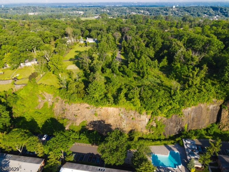 an aerial view of residential houses with outdoor space and trees all around