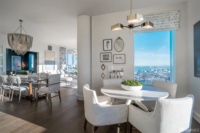 a view of a dining room with furniture window and outside view