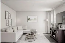 a living room with furniture kitchen and a table