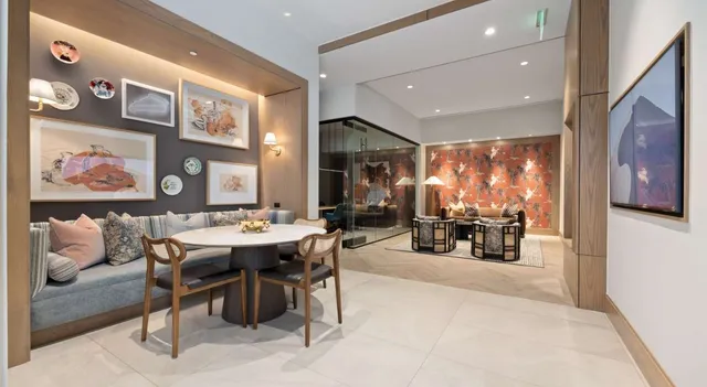 a view of a dining room with furniture