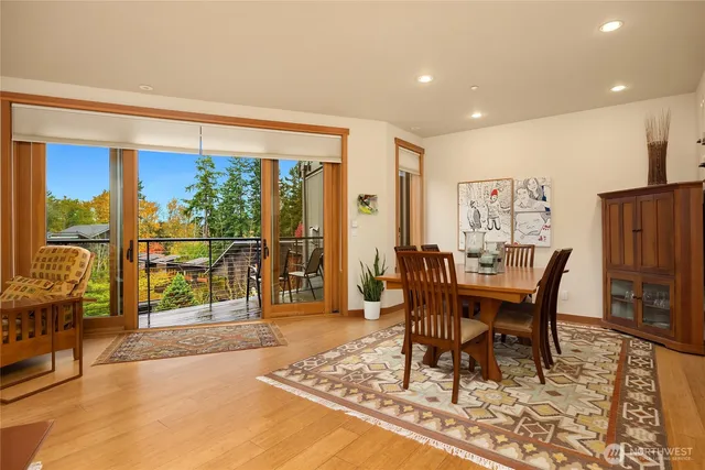 a view of a dining room with furniture