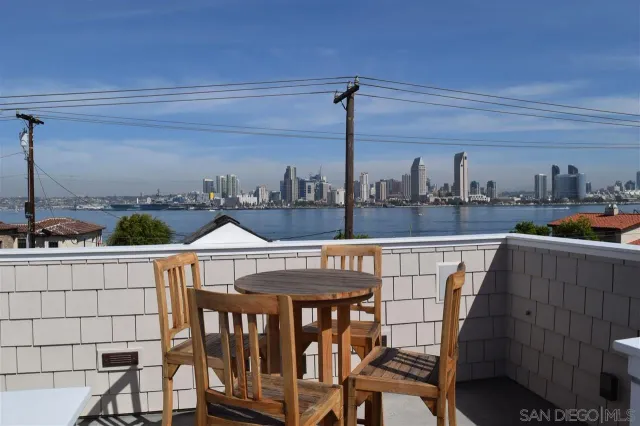a view of a balcony with furniture