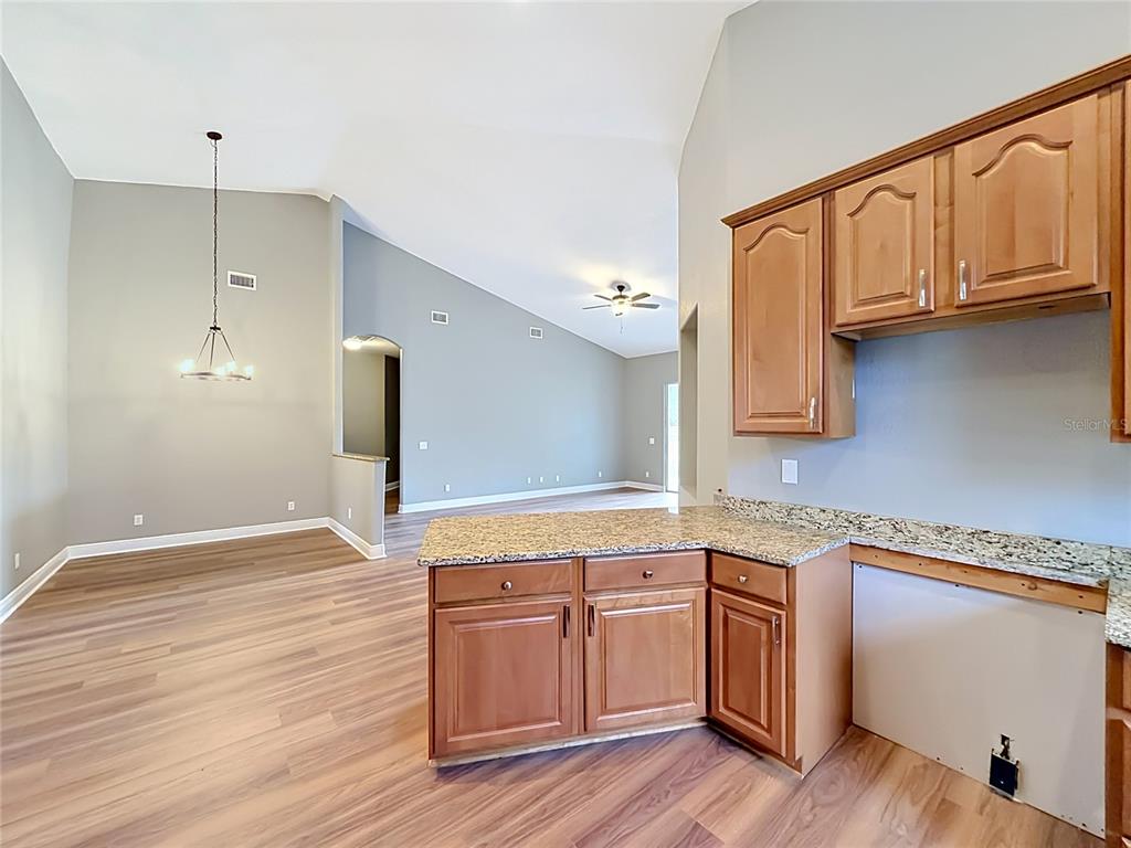 28549 Shirley Shores Road Tavares, FL 32778 - Photo 23 of 65 a kitchen with granite countertop a stove a sink and white cabinets with wooden floor