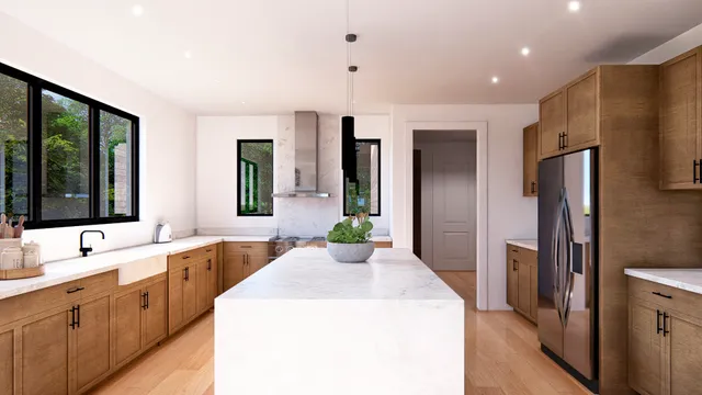 a view of a kitchen with a sink and refrigerator
