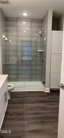 a bathroom with a shower and a toilet