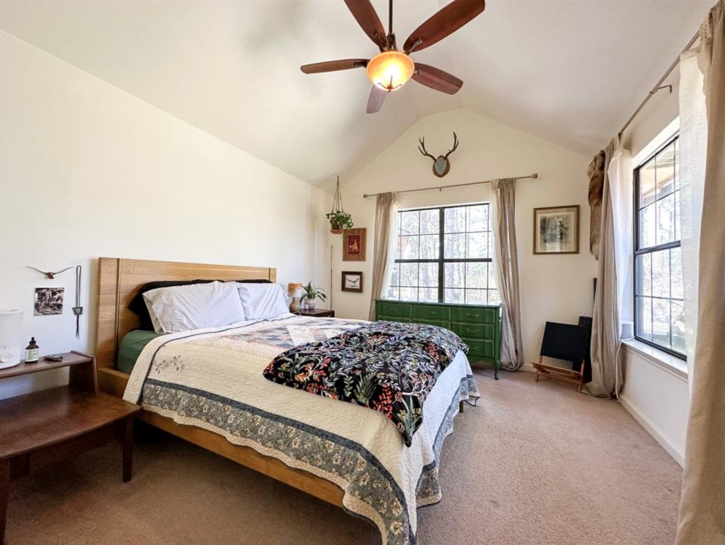 251 Pine View Loop Bastrop, TX 78602 - Photo 13 of 30 a bedroom with a large bed and a chandelier fan